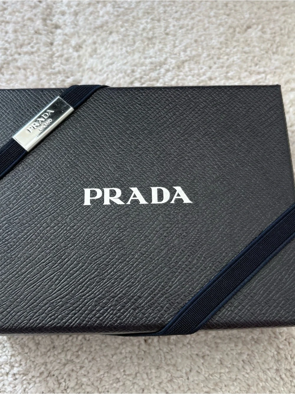 Prada Navy and silver Textured Saffiano Gift box and elastic